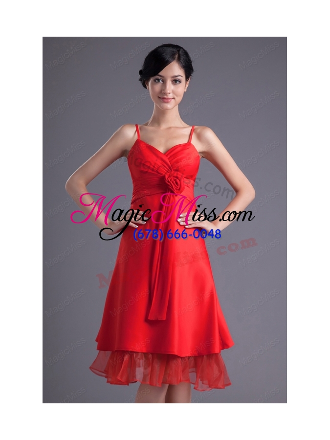 wholesale a line wine red spaghetti straps ruching hand made flower prom dress