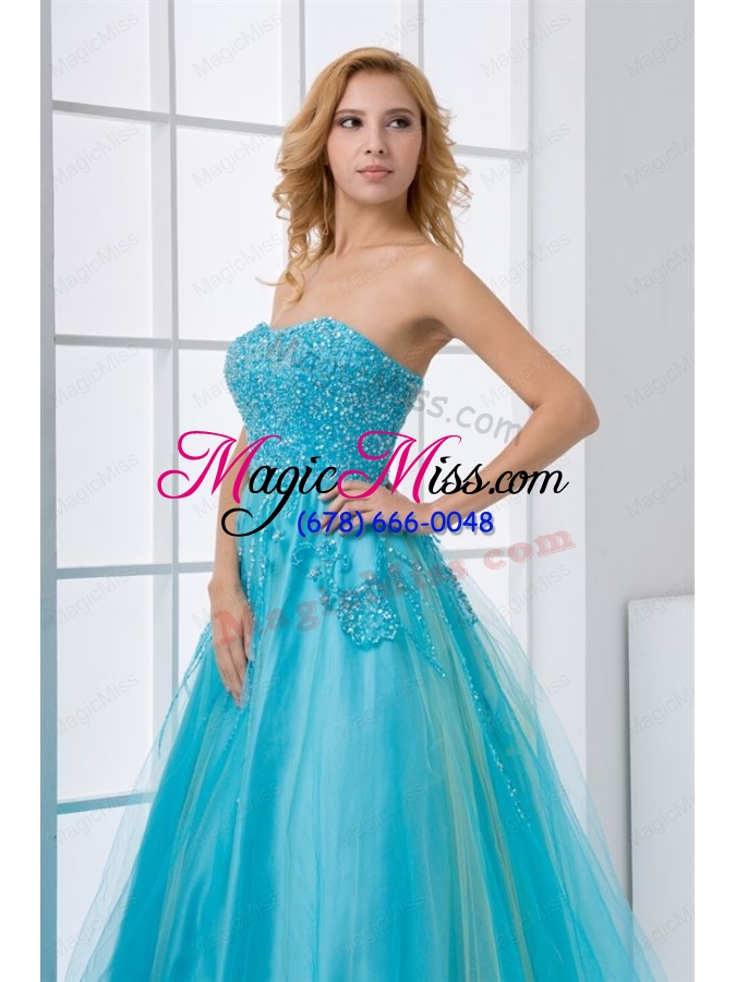 wholesale gorgeous princess sweetheart beading tulle aqua blue long lace up prom dress