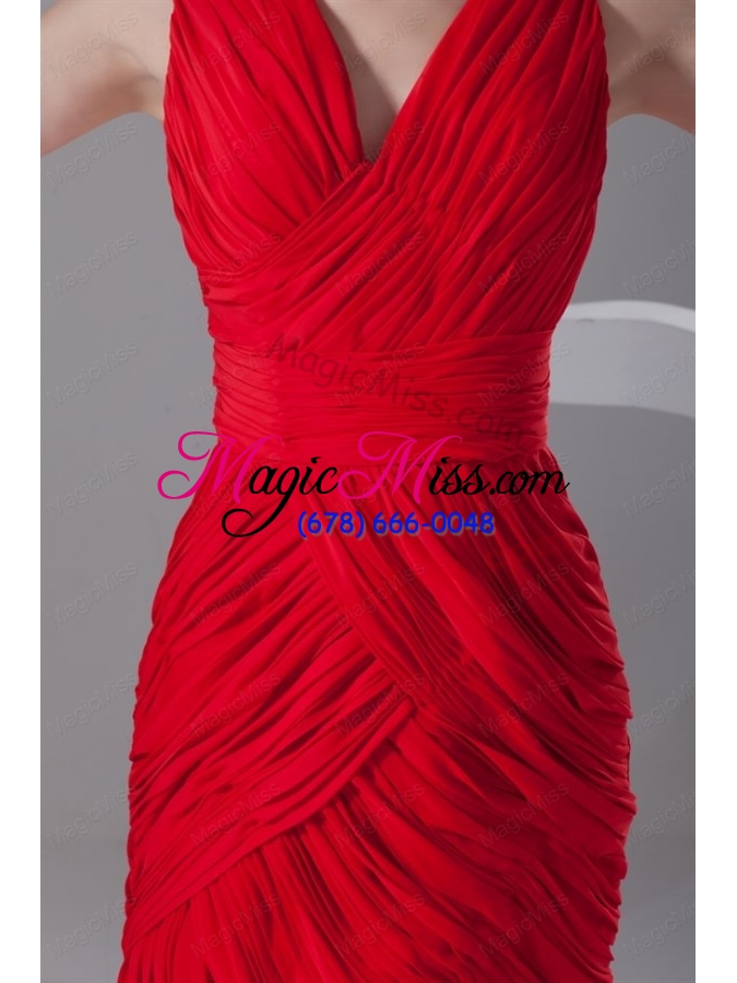 wholesale column v neck mini length chiffon red ruching prom dress