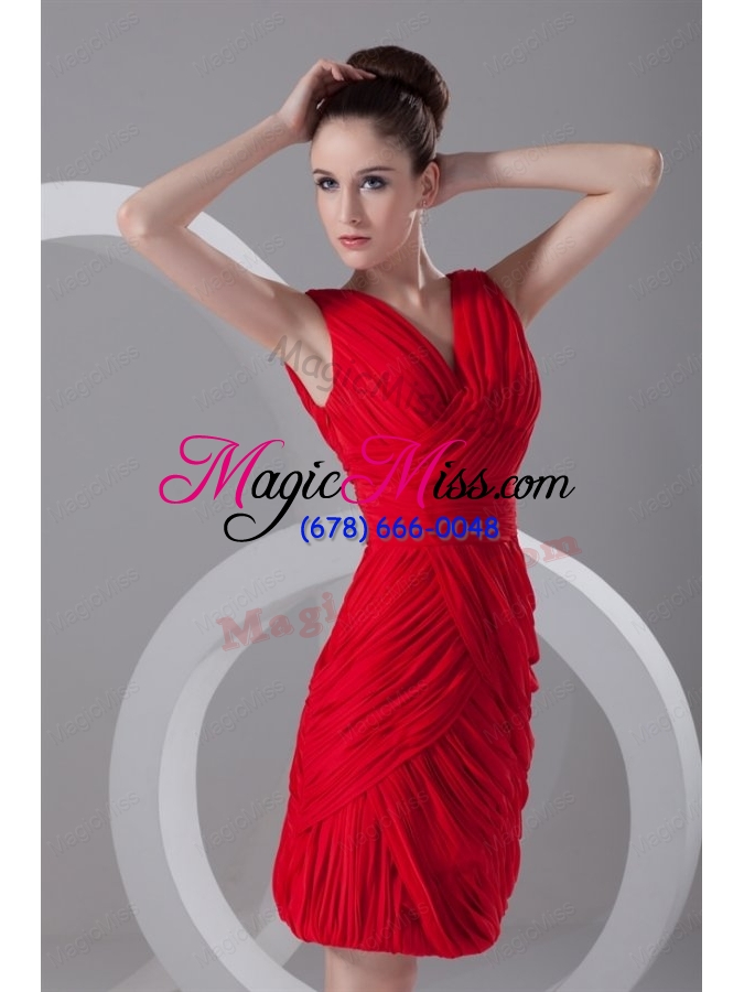 wholesale column v neck mini length chiffon red ruching prom dress