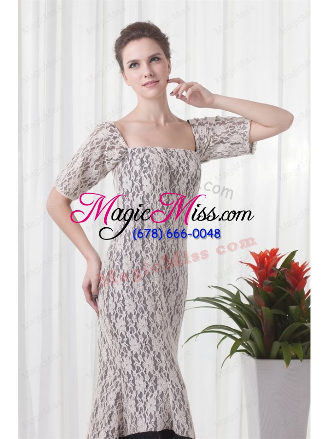 wholesale mermaid square white lace floor length prom dress with short sleeves