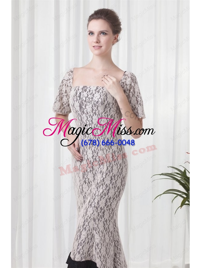 wholesale mermaid square white lace floor length prom dress with short sleeves