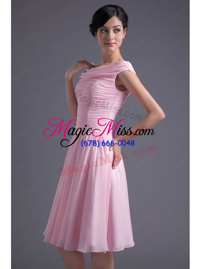 wholesale a line pink off the shoulder chiffon knee length ruching prom dress