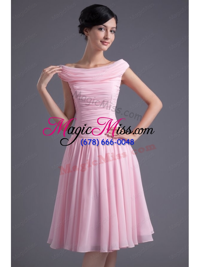 wholesale a line pink off the shoulder chiffon knee length ruching prom dress