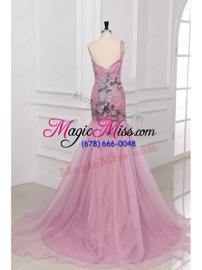 wholesale mermaid one shoulder appliques organza court train pink prom dress