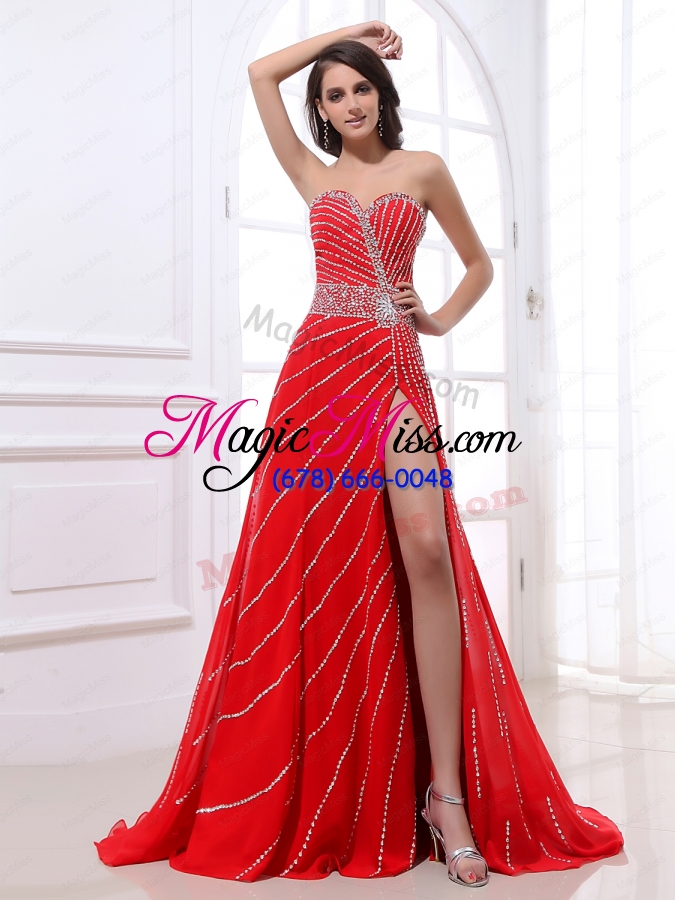 wholesale modern beading sweetheart brush train red prom dresses for 2014