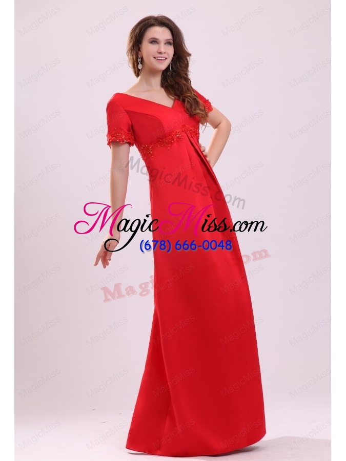 wholesale empire v neck short sleeves appliques satin prom dress in red