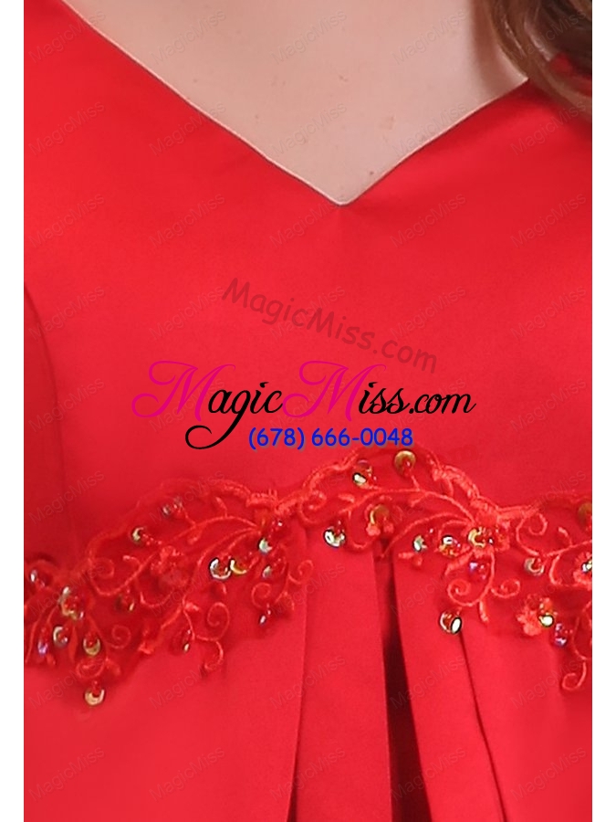 wholesale empire v neck short sleeves appliques satin prom dress in red