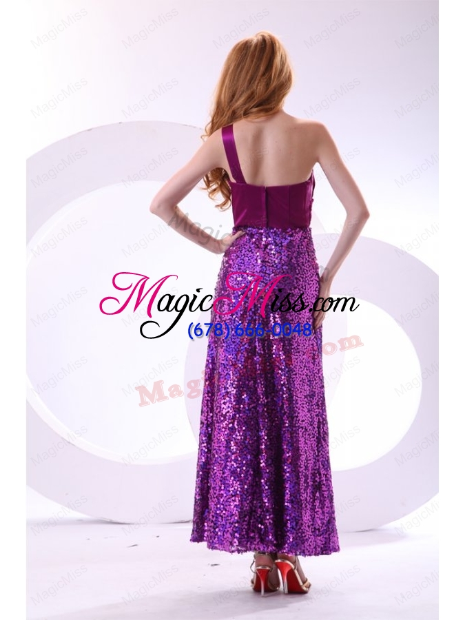 wholesale column one shoulder purple ankle length sequins paillette prom dress