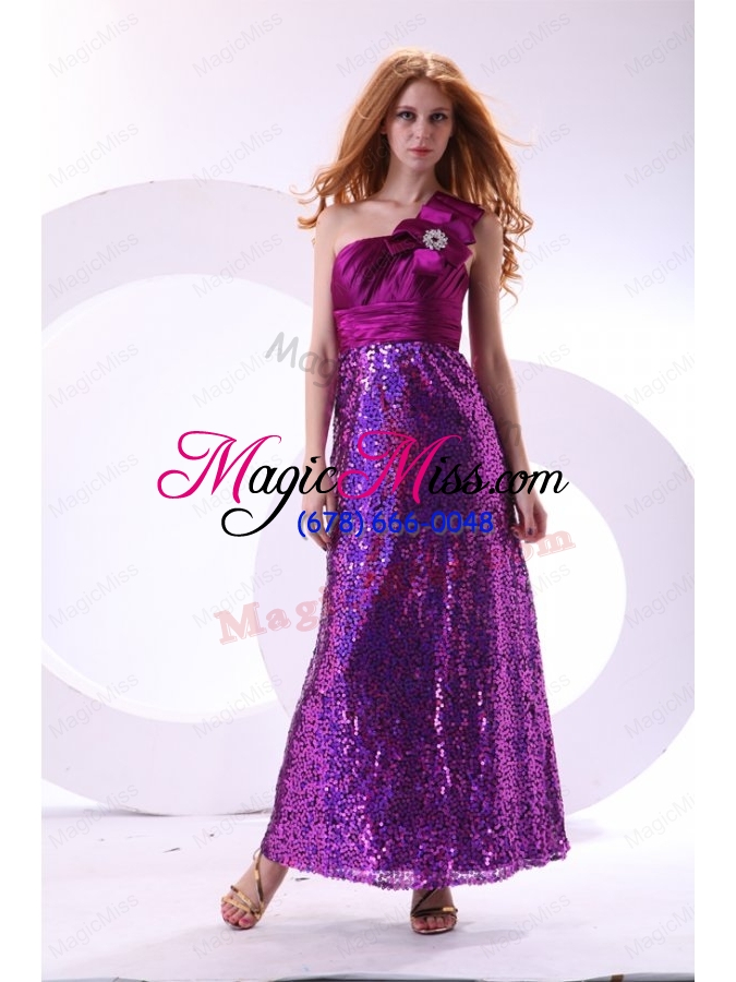 wholesale column one shoulder purple ankle length sequins paillette prom dress