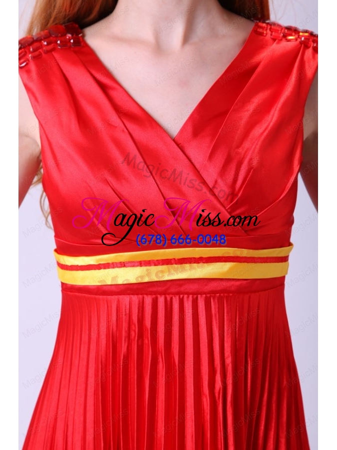 wholesale red empire v neck beaded decorate shoulder prom dress with pleats