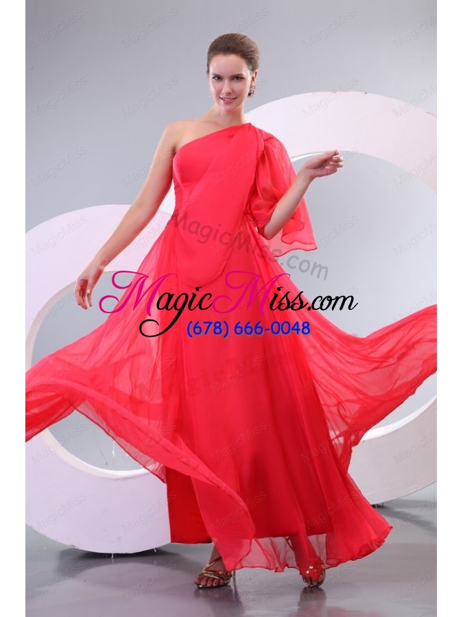 wholesale empire one shoulder floor length 3/4 sleeve prom dress in coral red