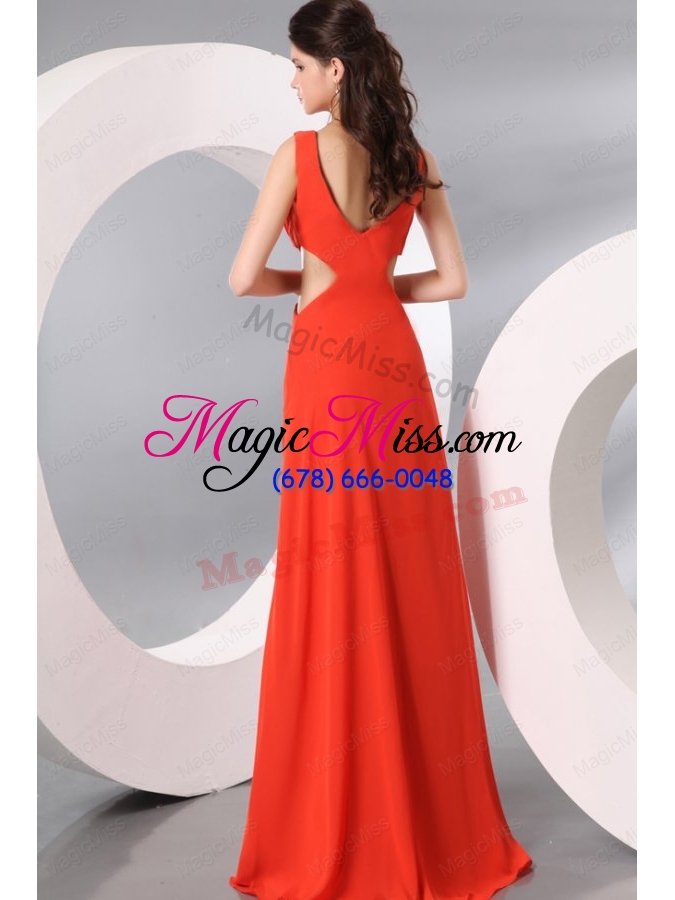 wholesale bateau coral red chiffon ruching long prom dress with cut out