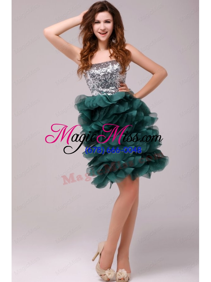 wholesale turquoise sequins and ruffles a line tulle prom dress