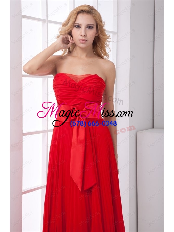 wholesale elegant strapless red empire pleat chiffon prom dress with bowknot