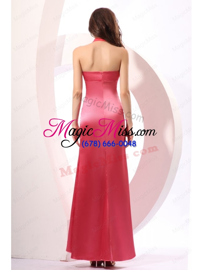 wholesale coral red prom dress with halter top ankle length satin