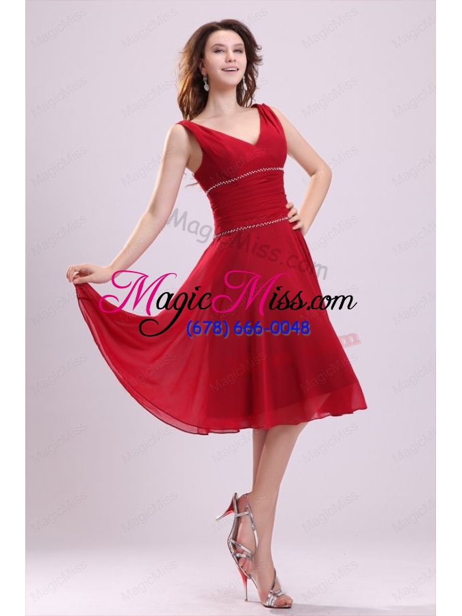wholesale popular a line v neck prom dress in wine red with knee length
