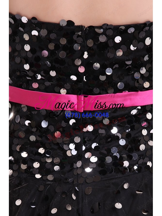 wholesale black strapless prom dress with pink sash and sequins