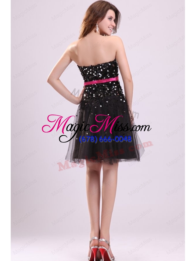 wholesale black strapless prom dress with pink sash and sequins