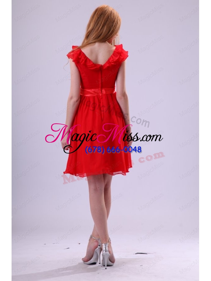 wholesale red a line v neck prom dress with flowers knee length