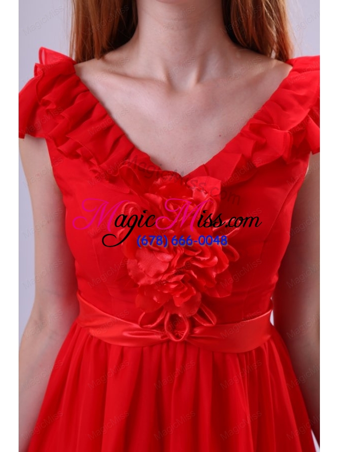 wholesale red a line v neck prom dress with flowers knee length
