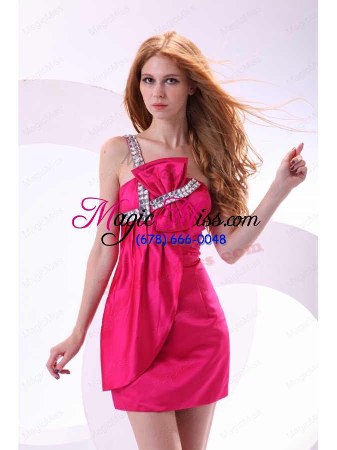 wholesale hot pink empire one shoulder taffeta mini length prom dress with beading