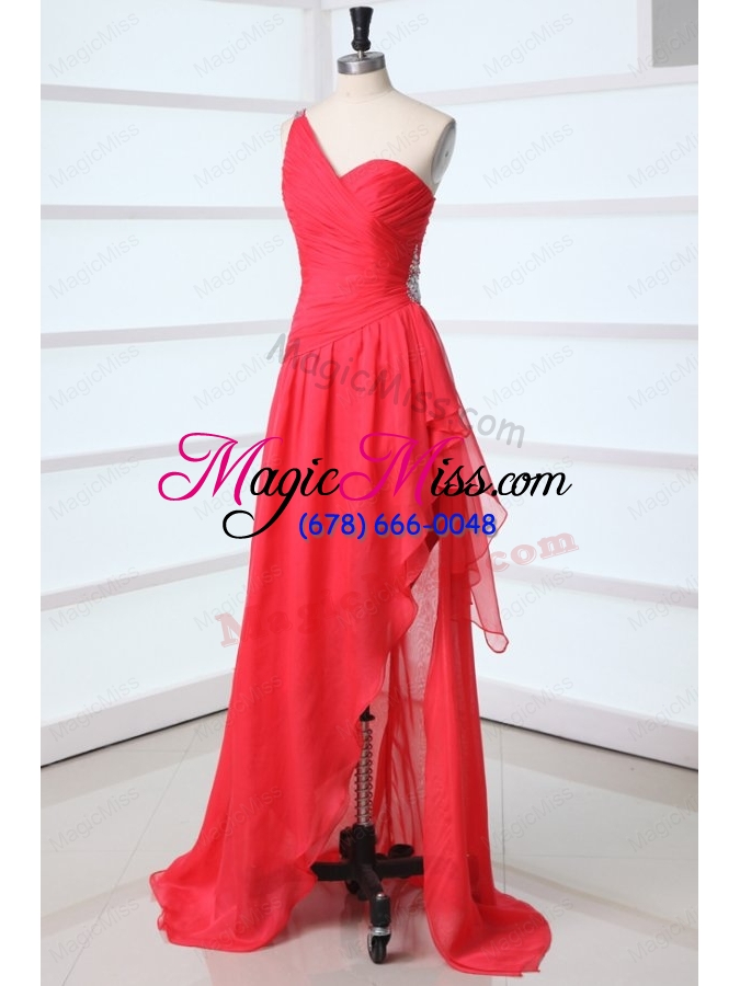 wholesale coral red column chiffon one shoulder high low beading chiffon prom dress