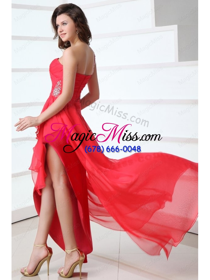 wholesale coral red column chiffon one shoulder high low beading chiffon prom dress