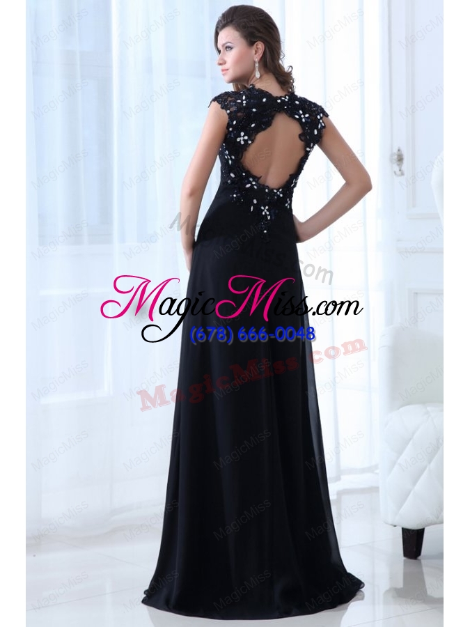 wholesale navy blue empire v neck appliques chiffon prom dress with open back