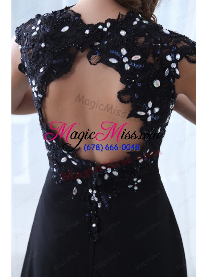 wholesale navy blue empire v neck appliques chiffon prom dress with open back
