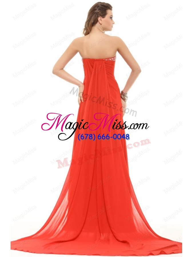 wholesale orange red strapless beading and ruching chiffon prom dress