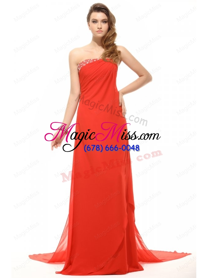 wholesale orange red strapless beading and ruching chiffon prom dress