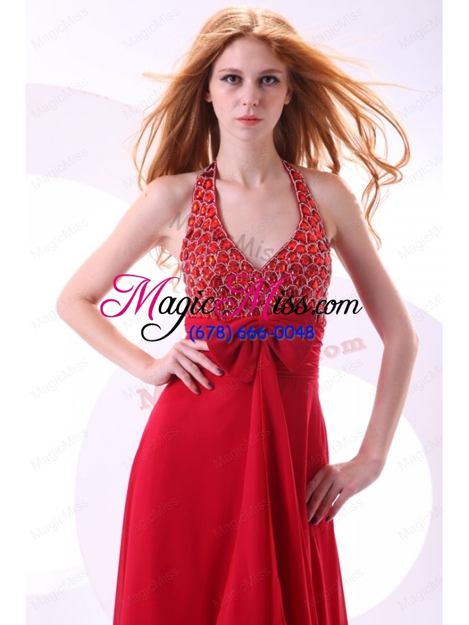 wholesale empire wine red halter top beading bow chiffon prom dress