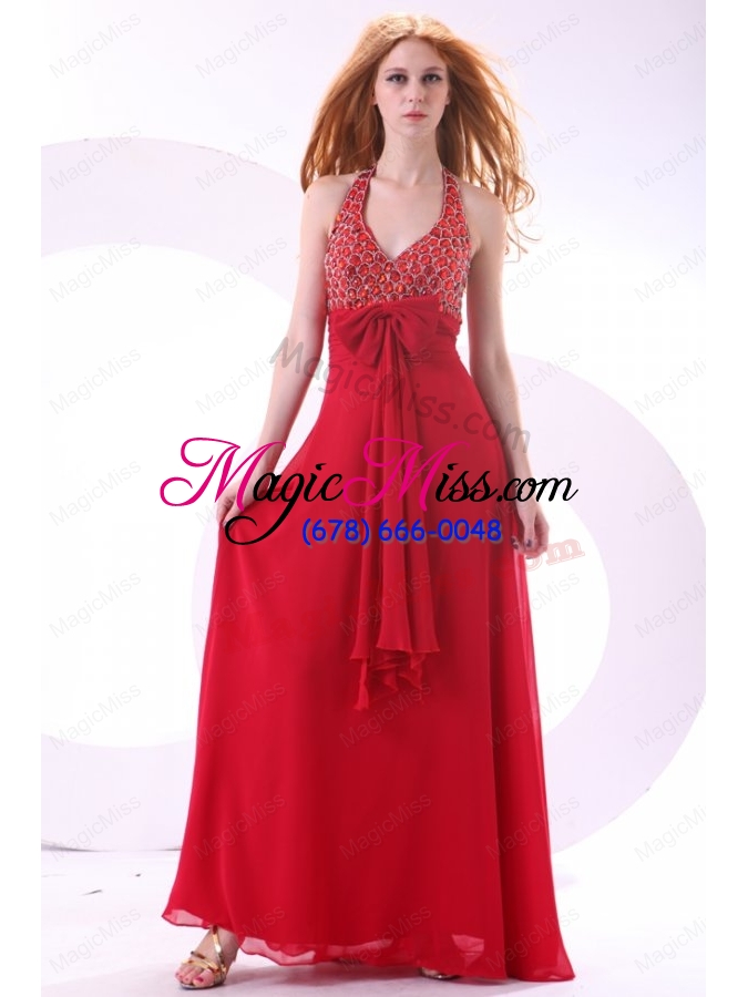 wholesale empire wine red halter top beading bow chiffon prom dress