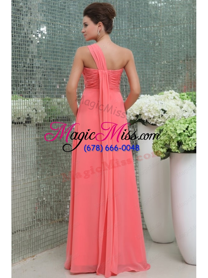 wholesale watermelon red one shoulder ruching beading floor length prom dress