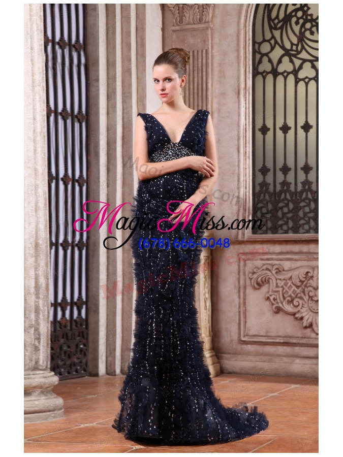 wholesale luxurious mermaid v neck navy blue beading brush train prom dress
