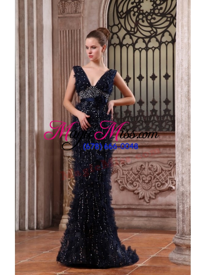 wholesale luxurious mermaid v neck navy blue beading brush train prom dress