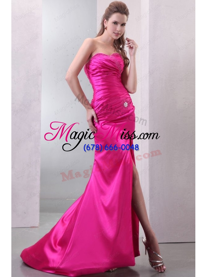 wholesale column hot pink high slit sweetheart beading and ruching prom dress