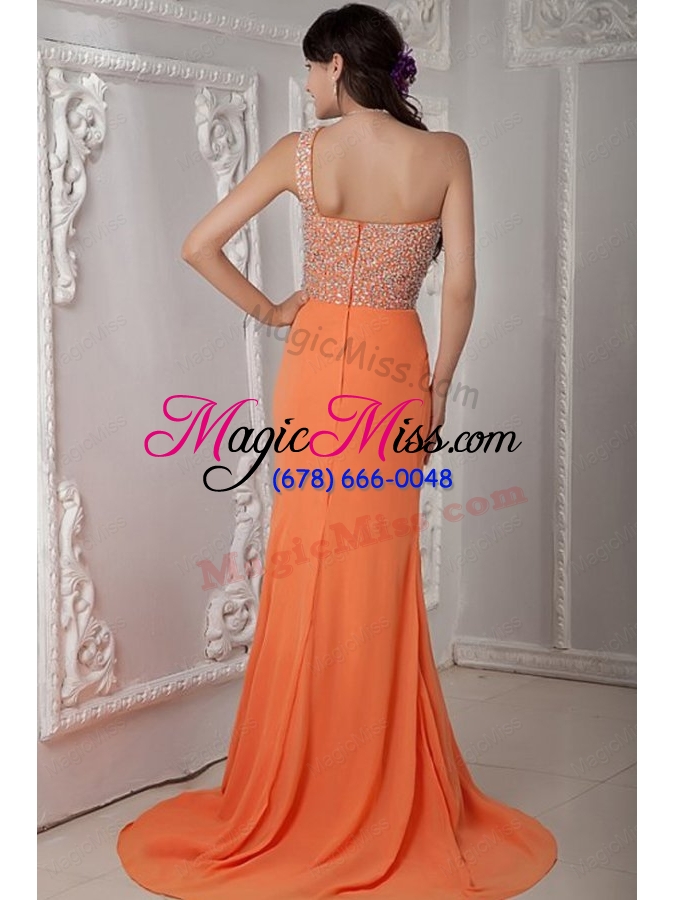 wholesale empire orange scoop beading chiffon brush train prom dress