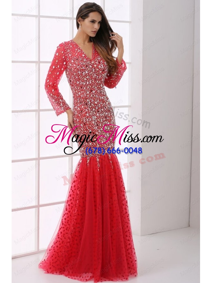 wholesale mermaid v neck wine red beading tulle long sleeves prom dress