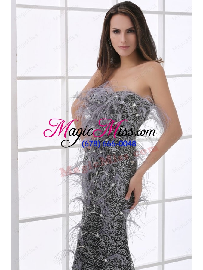 wholesale mermaid black festher strapless sequins brush train prom dress