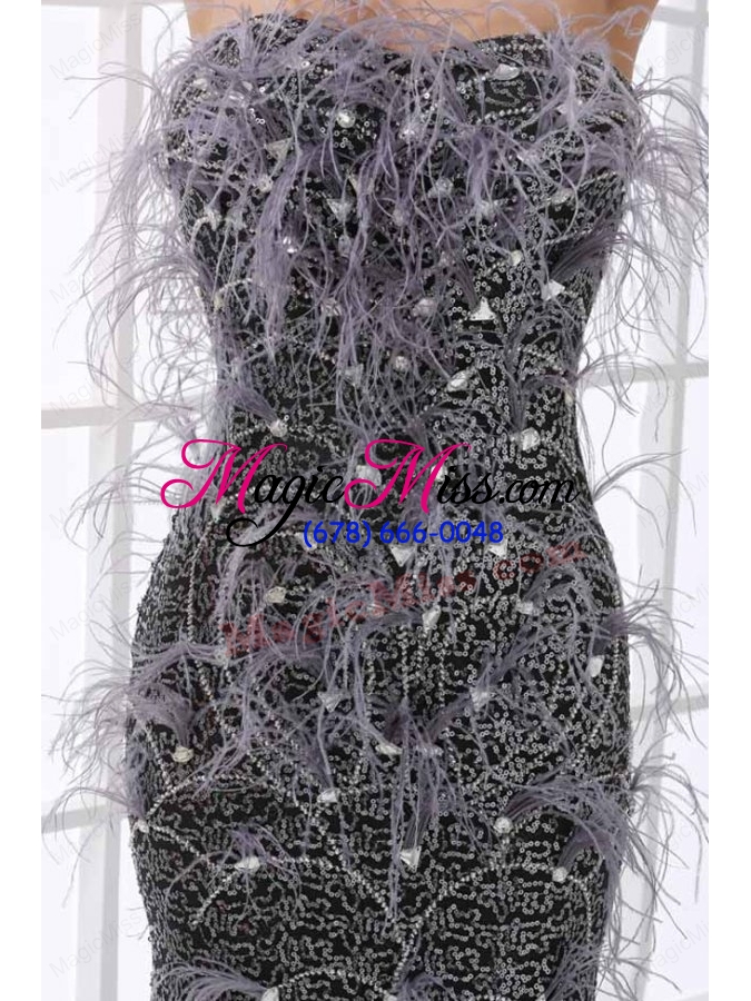 wholesale mermaid black festher strapless sequins brush train prom dress