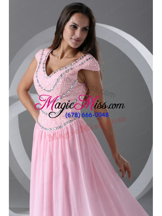 wholesale pink empire v neck cap sleeves prom dress with beading