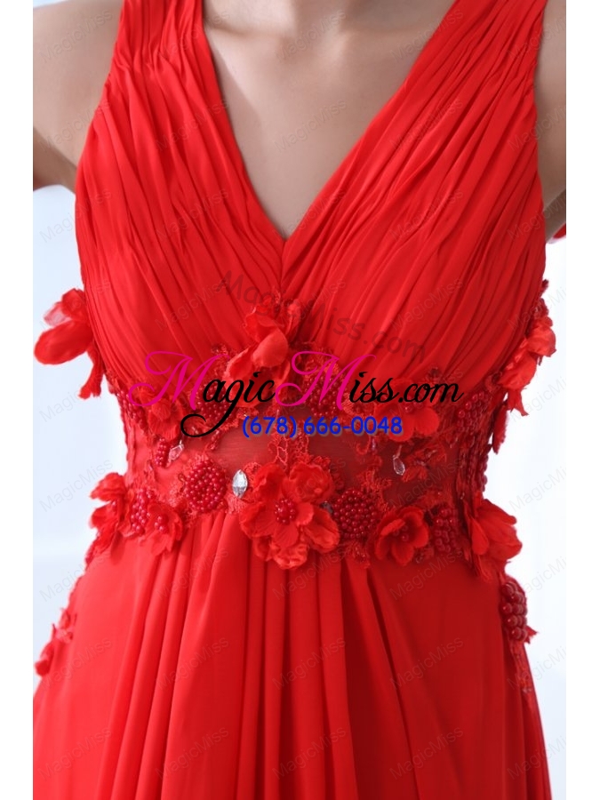 wholesale empire wine red v neck ruching appliques floor length prom dress