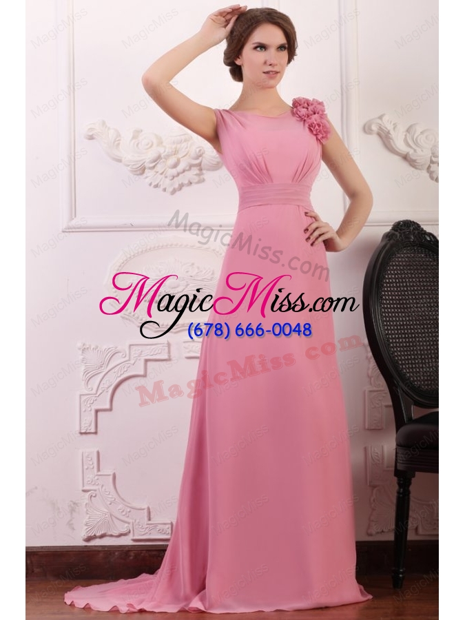 wholesale rose pink empire v neck court train prom dress with flowers
