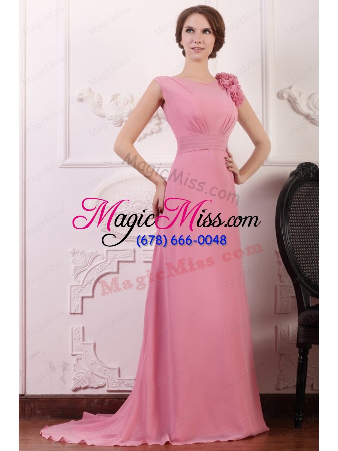 wholesale rose pink empire v neck court train prom dress with flowers