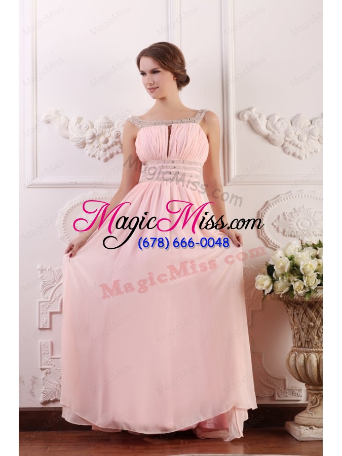 wholesale baby pink empire scoop straps prom dress with beading and ruching