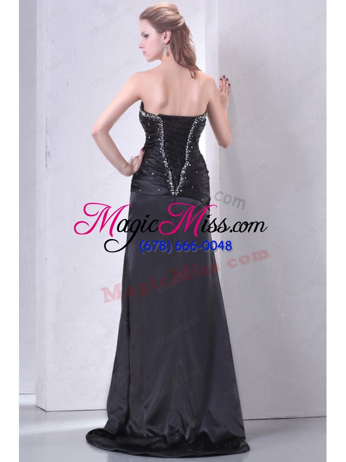 wholesale high slit black sweetheart prom dress with beading and ruching