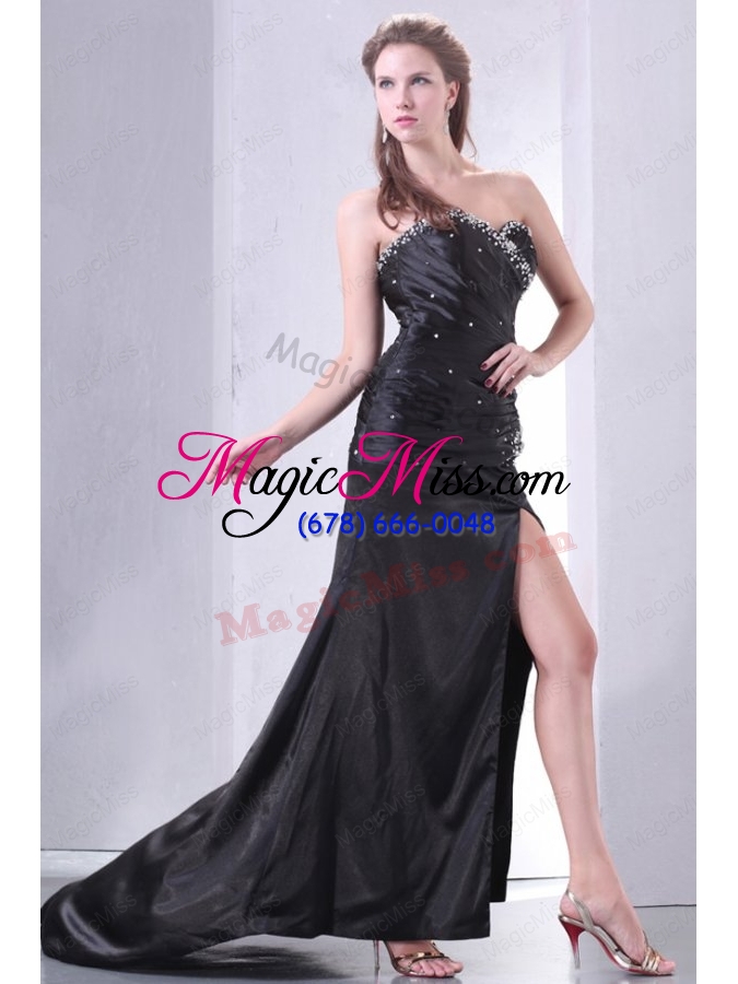 wholesale high slit black sweetheart prom dress with beading and ruching