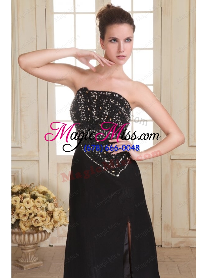 wholesale black strapless beading and high silt empire sweep train prom dress